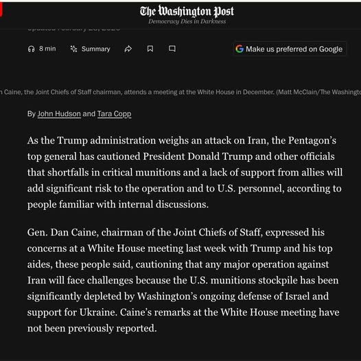 Just 10 days ago; 02/23 Chairman of the Joint Chiefs: Our munitions have been significantly depleted defending Israel an...