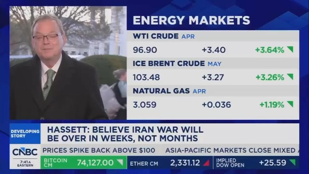 WHAT A QUOTE:  Hassett: "If the war were to be extended, it wouldn't really disrupt the US economy very much at all. It...