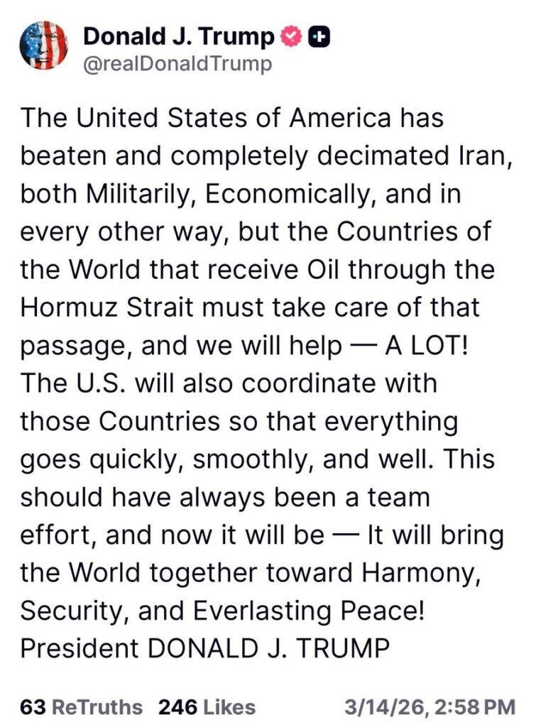 President Trump tells the rest of the world to step up and help secure the Strait of Hormuz after declaring the United S...