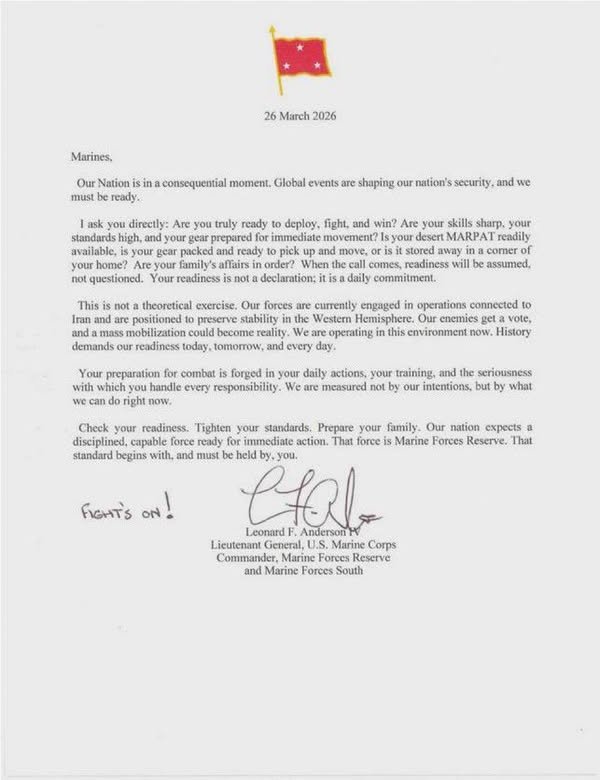 American reservist Marines are being told to prepare for combat.  “Prepare your family”