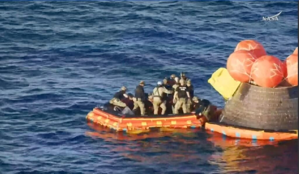 All 4 crew-members are out of the Integrity capsule about and hour and a half after splash down.