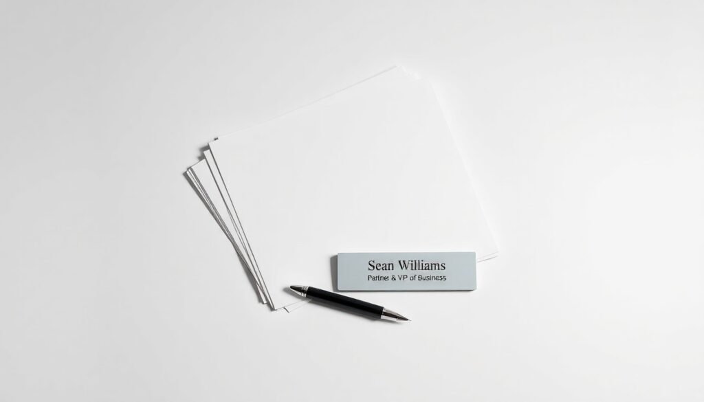 A minimalist studio still life photograph featuring a stack of business documents, a pen, and a nameplate with the text