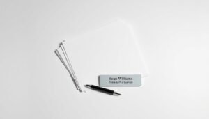 A minimalist studio still life photograph featuring a stack of business documents, a pen, and a nameplate with the text