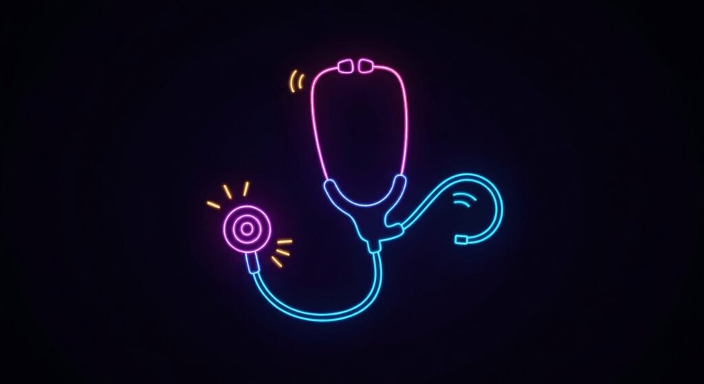 A minimalist illustration of a medical stethoscope defined by vibrant neon lines against a dark background, conceptually representing the vital role of health insurance for those with limited incomes.