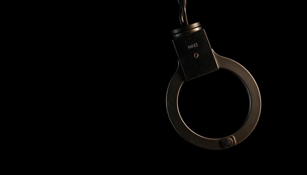 An extreme close-up photograph of a metal handcuff lock, the harsh flash creating dramatic shadows and textures to convey a sense of investigation and accountability.