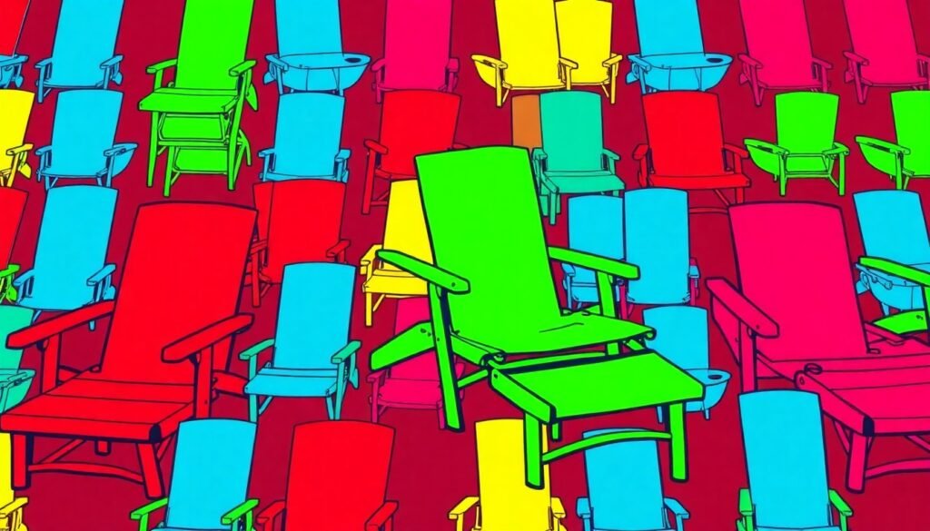 A bold, graphic illustration composed of repeated silkscreen images of iconic waterfront objects like boats, docks, and beach chairs, rendered in a high-contrast palette of neon colors and heavy black outlines to capture the energy and appeal of the ideal waterfront living experience.