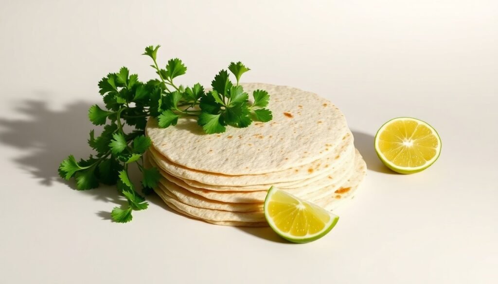 A high-end, photorealistic studio still-life photograph featuring a stack of freshly pressed tortillas, a bundle of cilantro, and a wedge of lime arranged elegantly on a clean, monochromatic seamless background, conceptually representing the premium ingredients used in Chipotle