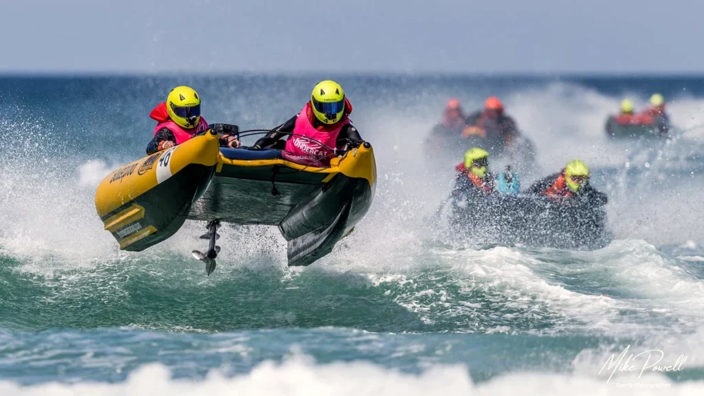 ThunderCat inflatable catamaran airborne during UK surf racing in Cornwall. Photo: Mike Powell